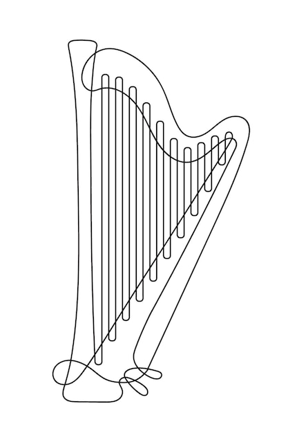 One continuous line drawing of a harp with strings isolated on a white background.