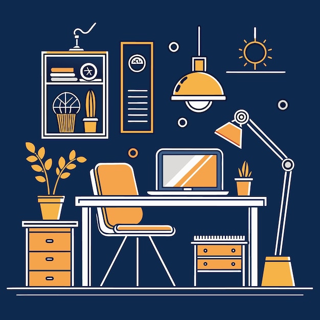 One continuous line drawing of home office interior