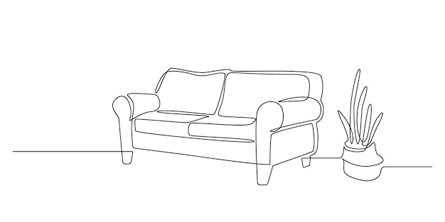 One Continuous line drawing of Interior with sofa and cactus plant. Modern home furniture for stylish apartment in simple doodle style. Editable stroke Vector illustration