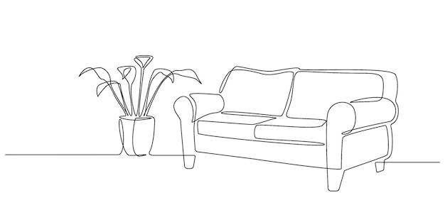 One Continuous line drawing of Interior with sofa and tropical plant. Modern home furniture for stylish apartment in simple doodle style. Editable stroke Vector illustration