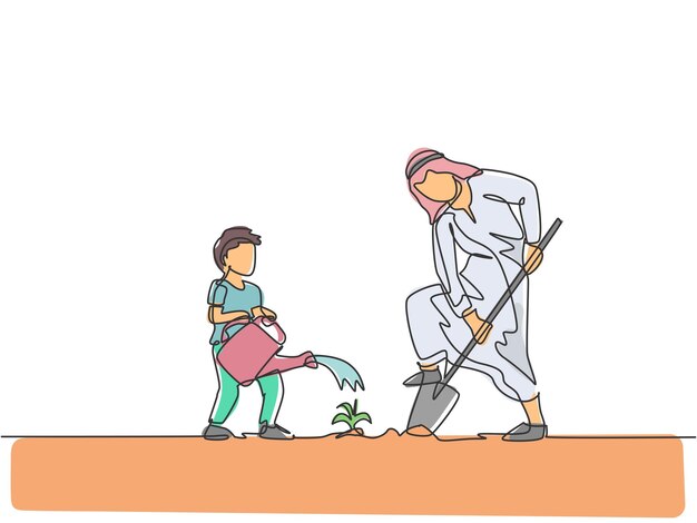 Vector one continuous line drawing islamic biy hep his father watering plant happy arabian muslim parenting