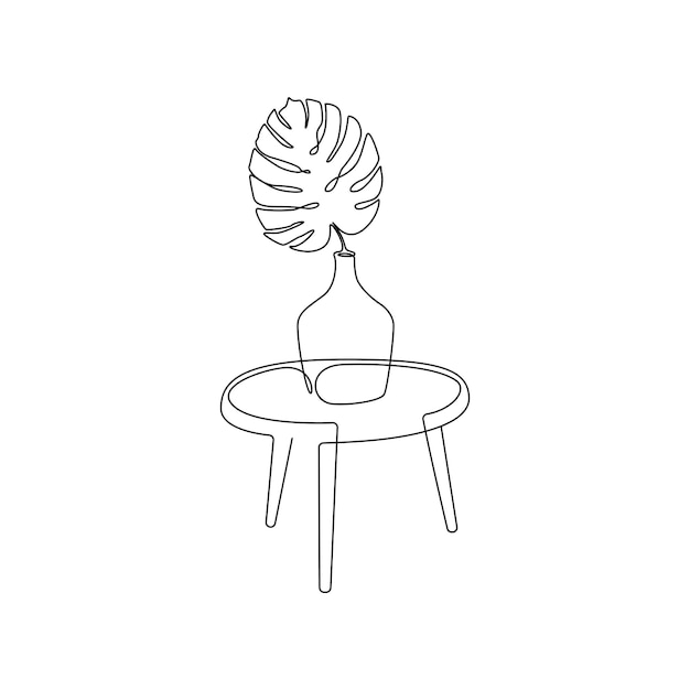 One continuous line drawing of leaf monstera in vase on the table linear contour houseplant for home