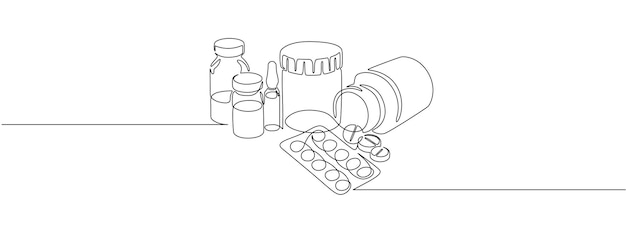 One continuous line drawing of medicine set with pills Pharmaceutical components and capsules in a blister pack with drug symbols in a simple linear style Editable stroke Doodle vector illustration