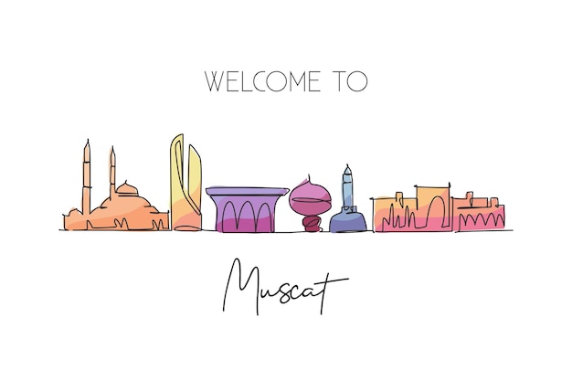 One continuous line drawing of Muscat skyline Oman Beautiful city landmark wall decor design vector