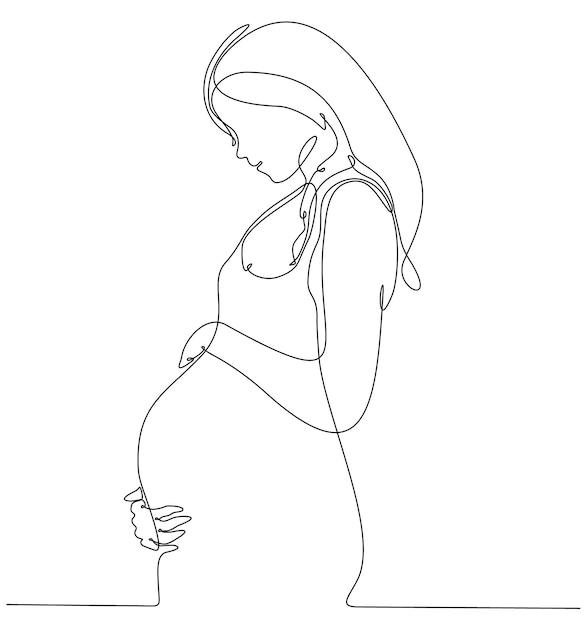 One continuous line drawing of pregnant woman, Happy young mother holding her pregnant belly.