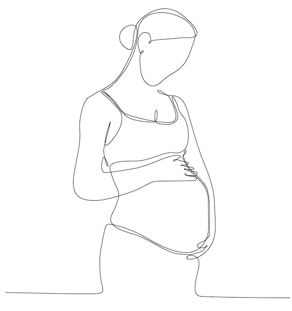 One continuous line drawing of pregnant woman, Happy young mother holding her pregnant belly.