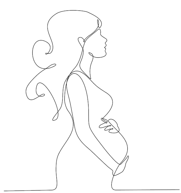 One continuous line drawing of pregnant woman, Happy young mother holding her pregnant belly.