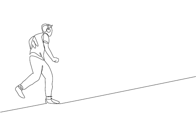 One continuous line drawing runner man listening music relax running at countryside Design vector