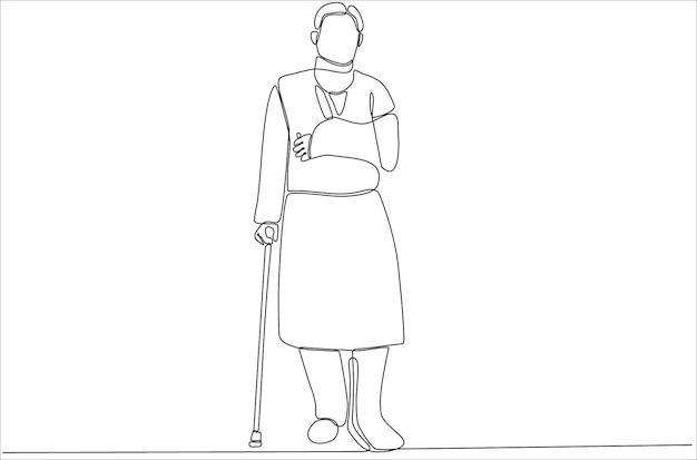 One continuous line drawing of sad and happy man with broken and broken arm in premium cast vector