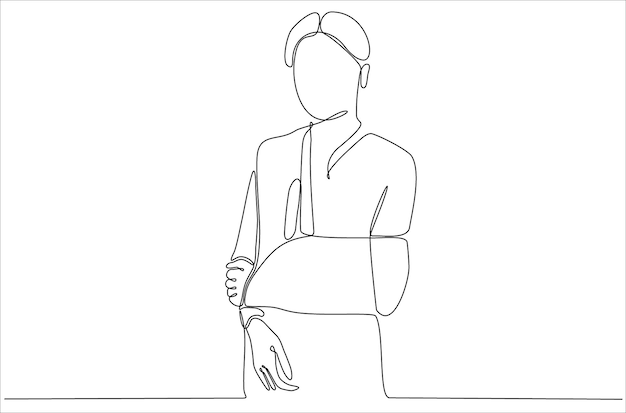 One continuous line drawing of sad and happy man with broken and broken arm in premium cast vector