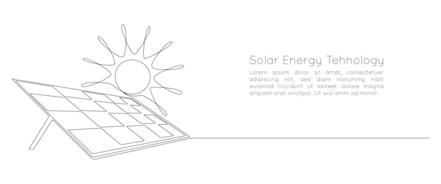 One continuous line drawing of Solar panel with sun Green energy and renewable resources in simple linear style Power station and save ecology concept Editable stroke Doodle vector illustration