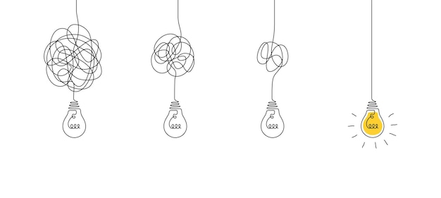 One continuous line drawing of tangled and scribble wires with light bulbs Concept of complex problem solving process and Clarifying idea in simple linear style Doodle vector illustration