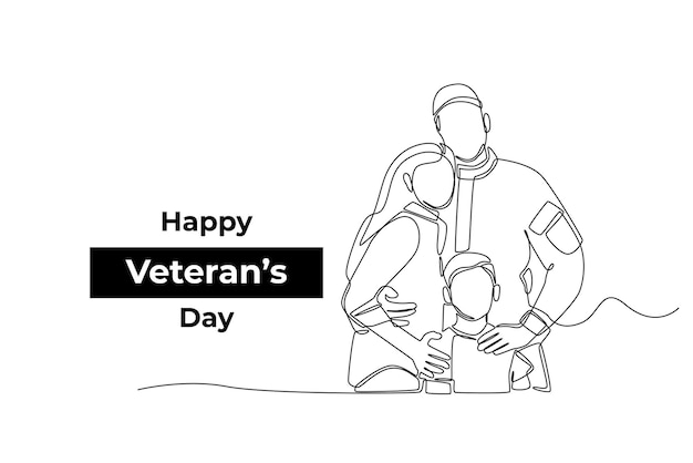 One continuous line drawing of veteran soldier with family Veterans day concept Single line draw design vector graphic illustration