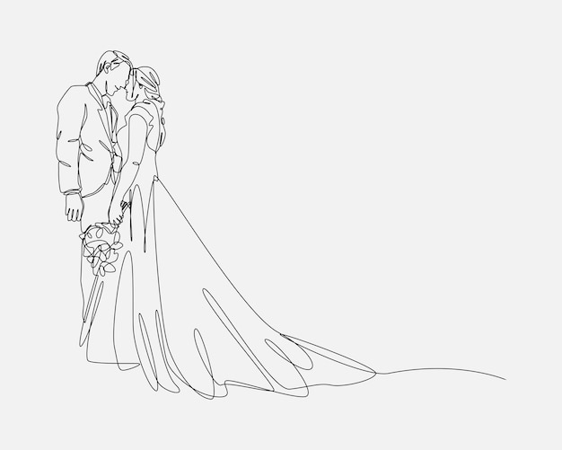 Vector one continuous line drawing of wedding bride and groom marriage editable stroke vector graphic