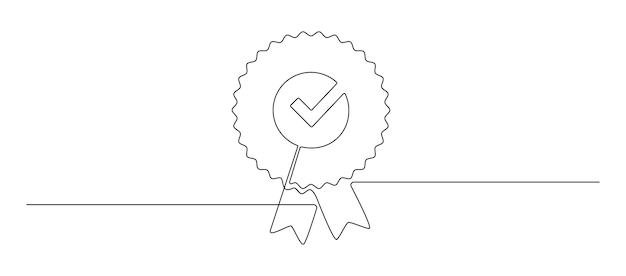 One continuous line drawing of winner award badge with tick High quality product and high warranty concept and approved choice in simple linear style Editable Stroke Doodle vector illustration