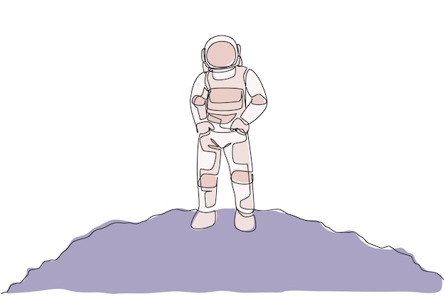 One continuous line drawing young spaceman on spacesuit put hands in pockets in moon surface vector