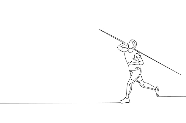 One continuous line drawing of young sporty man exercise to concentrate before throw javelin on the field Athletic games Olympic sport concept Dynamic single line draw design vector illustration