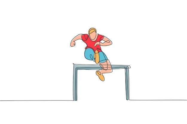 One continuous line drawing young sporty man runner jumping obstacle at running track Design vector