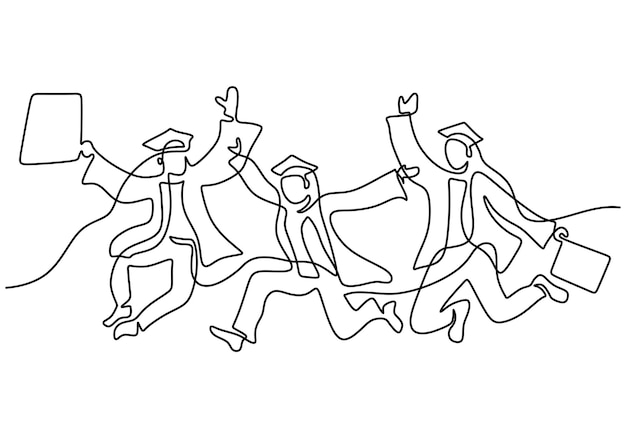 One continuous line group young students in jump joyfully Happy three teenager student express their graduation while hands up isolated on white background The concept of graduation celebration