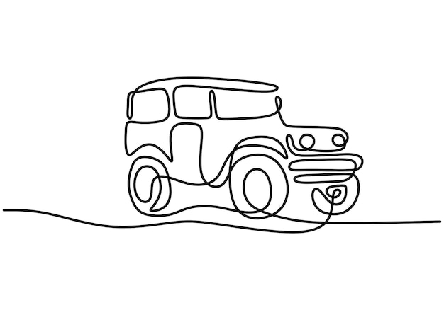 One continuous single hand drawn line of jeep wrangler car Adventure off road rally vehicle transportation concept A classical jeep isolated on white background Vector illustration