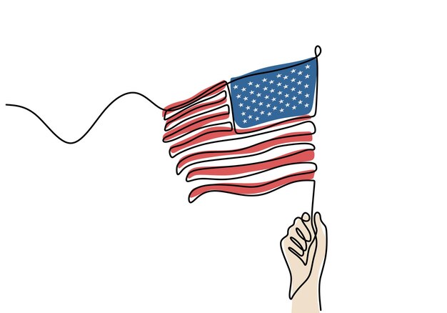 One continuous single line drawing of hand holding American flag isolated on white background