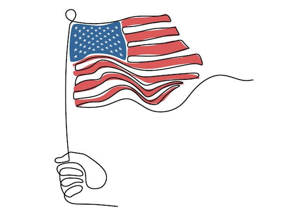 One continuous single line drawing of hand holding American flag