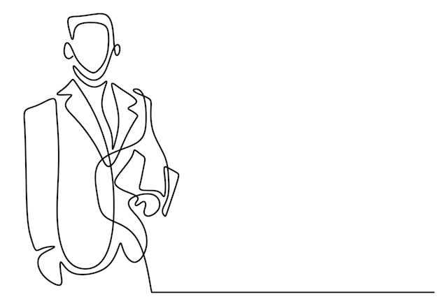 One continuous single line drawing of young businessman stand up and carrying laptop or tablet smartphone on his hand isolated on white background Business service excellence concept