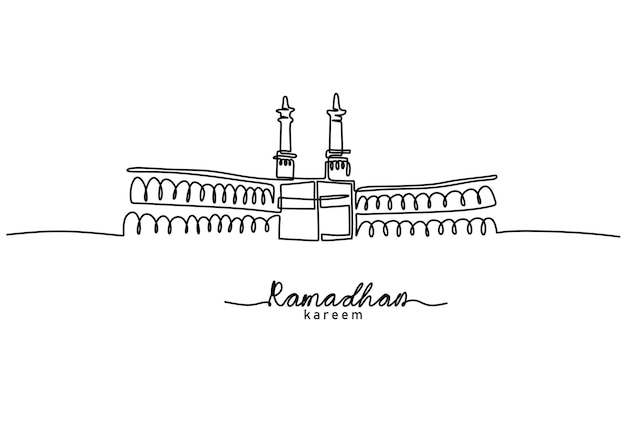 One continuous single line of ramadan kareem word with ka39bah in mecca isolated on white background