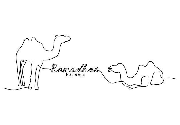 One continuous single line of ramadan kareem word with two camels on desert isolated on white background