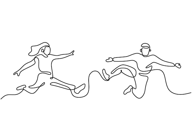 One continuous single line of two happy man and girl jumping together isolated on white background