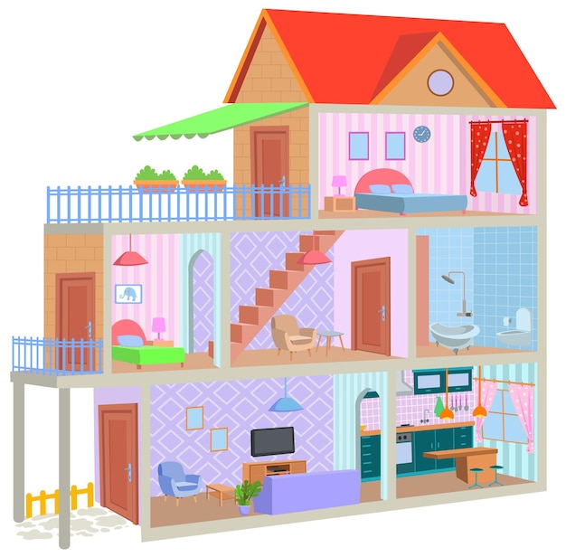 Vector one cut cartoon house and children