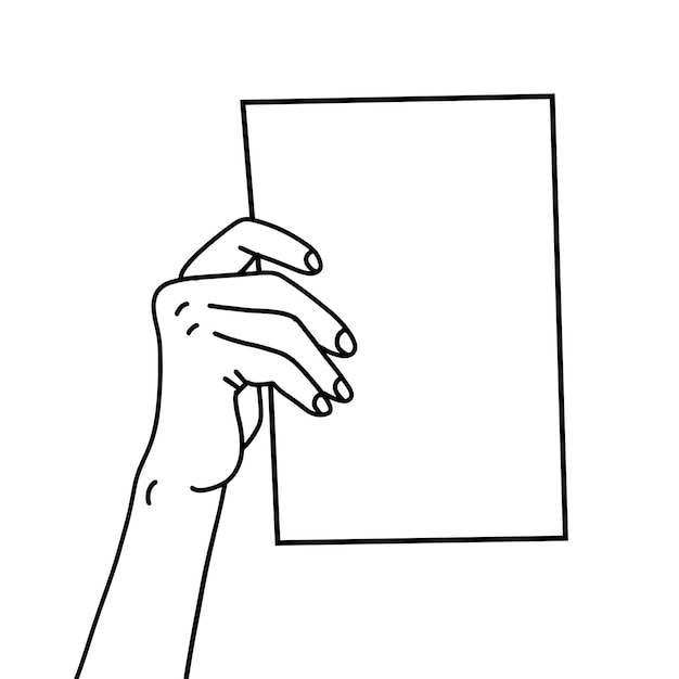 One hand holding a paper sheet hand drawn with thin line presenting document showing memo template f...