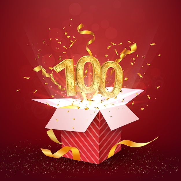 One hundred years number anniversary and open gift box with explosions confetti isolated design element