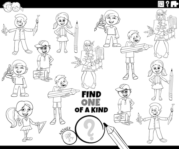 One of a kind task with cartoon pupils children coloring page