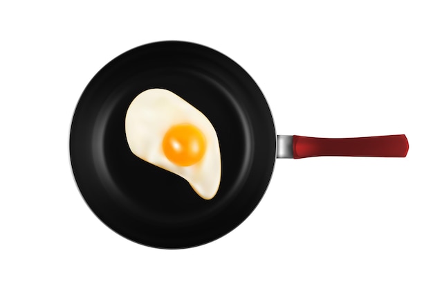 One Lightly Fried Chicken Egg in a Pan Isolated on White Background Top View and Flat Lay. 3d Realistic Vector Illustration