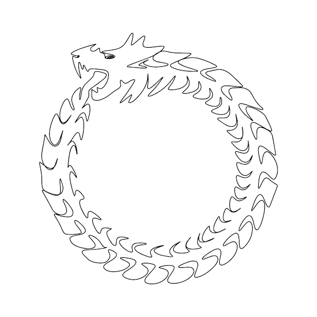 One line continuous dragon eats its own tail Circle dragon symbol 2024 concept banner in line art