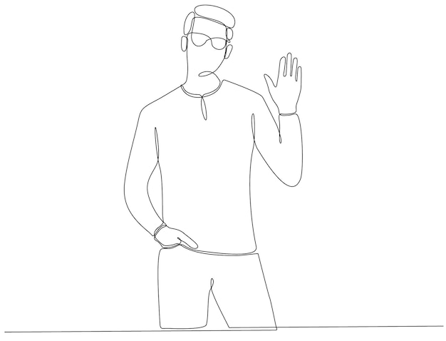 One line continuous drawing of a young male worker waving his hand premium vector