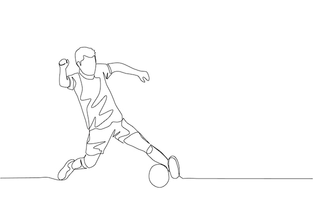 One line draw of football player with short sleeve shirt training to control the ball Soccer match