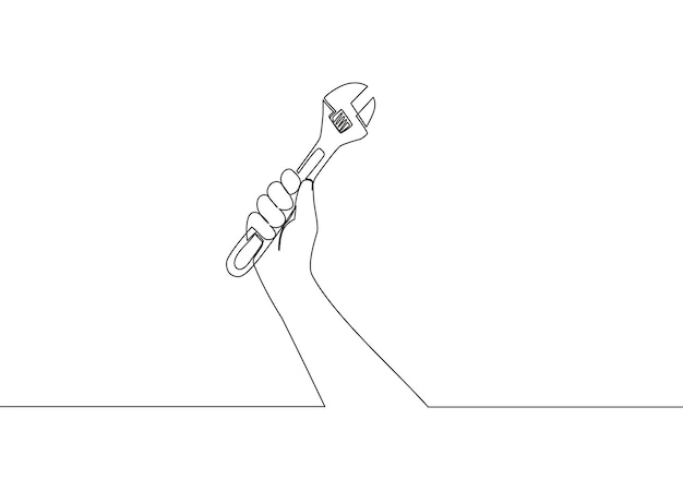 One line draw of man holding stainless steel wrench key Handyman tools concept Single line draw