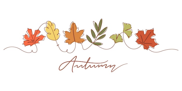 One line drawing of autumn leaves and autumn typography