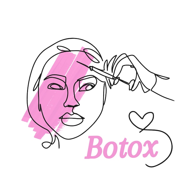 One line drawing Botox handwritten inscriptions a girl face a syringe for injections in her hand