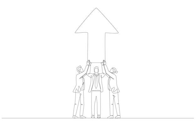 One line drawing of business people holding up arrow together teamwork to success concept