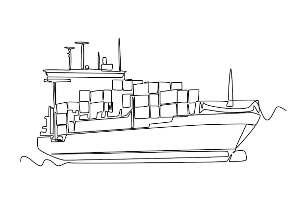 One line drawing of a cargo shipping ship with containers on board Courier cargo delivering vehicle transportation concept Single continuous line draw design