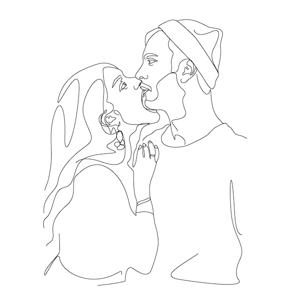 one line drawing couple kissing face illustration in line art style