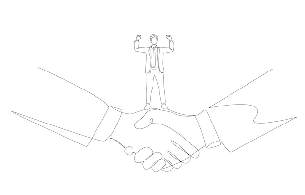 One line drawing of delighted businessman standing on handshake mediator in business negotiation