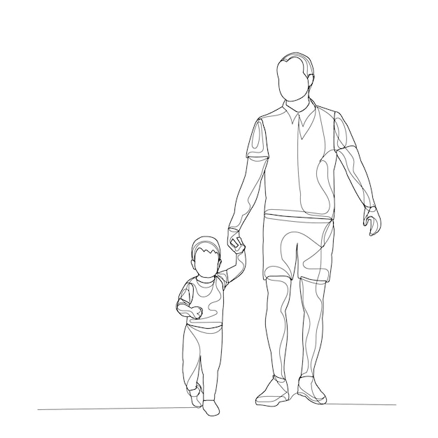 One line drawing father and child are walking