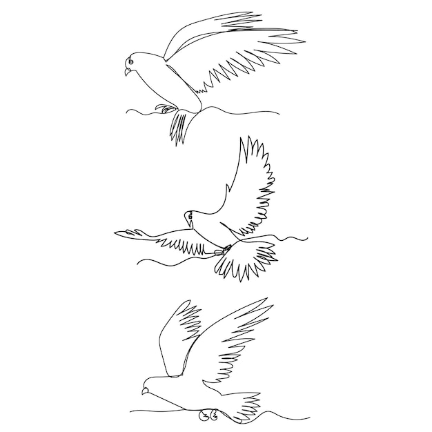 One line drawing of a flock of birds flying