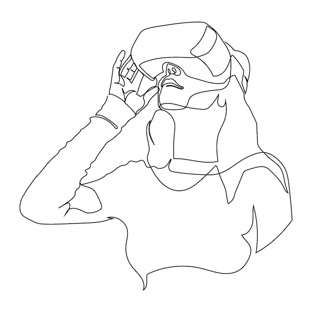 One line drawing of a girl feeling exited using Virtual Reality glasses and VR