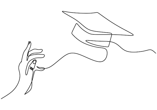 One line drawing group of young happy graduate hand's college student jump while throwing the graduation cap A male express to celebrate his school graduation Education celebration concept