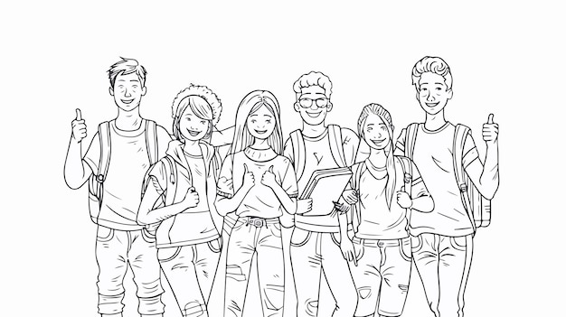 One Line Drawing of Groups of Happy College Students